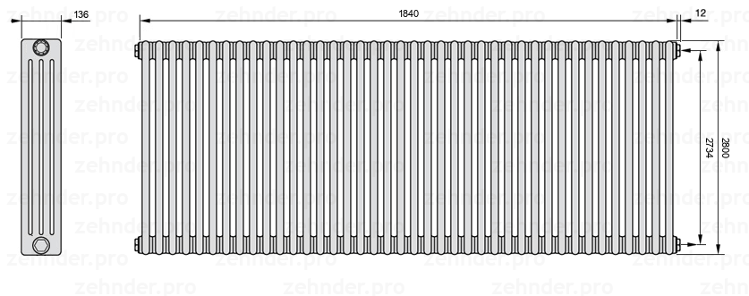 Схема (чертеж) Радиатор Zehnder Charleston 4280/40 №7610 Белый глянцевый RAL 9016